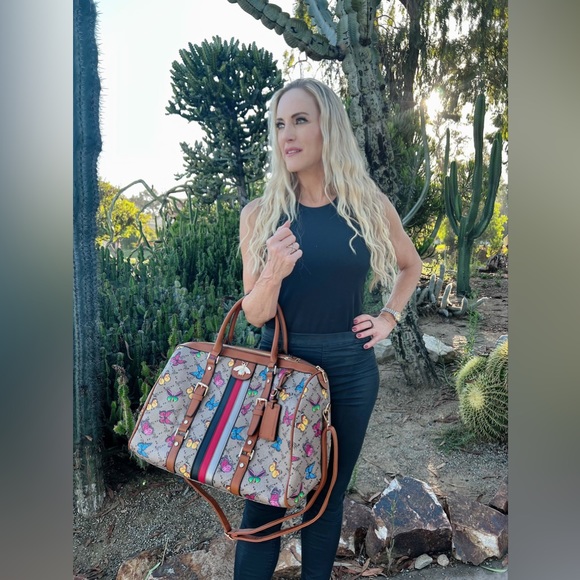 High Heels on the High Road Handbags - 🦋🧳Butterfly Pink Blue Yellow Bumble Bee Brown Print Tote Travel Overnight Bag
